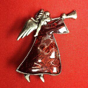 Vintage Red Flying Angel with Wings Playing a Horn Trumpet Christmas Pin Brooch
